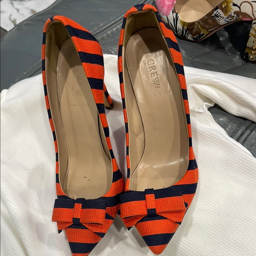 J. Crew Orange and Black Striped Heels with Bow